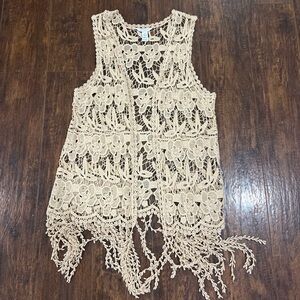 Crochet Fringe Open-Front Vest in Cream